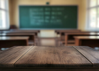 Wall Mural - Wooden Tabletop Perspective in Empty Classroom with Chalkboard, Ideal Background for School Supplies and Educational Presentations