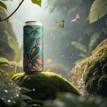 A tropical-inspired beverage can with a beautiful design, featuring lush palm leaves, vibrant exotic fruits, and a refreshing color palette that evokes a sunny island paradise.