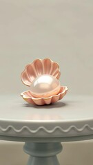 Poster - A small white pearl is sitting inside a pink shell. The shell is open and the pearl is visible inside