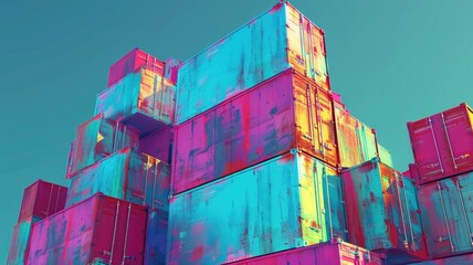 Poster - Abstract digital cubes with pink and blue glowing effects. Digital artwork of 3D rendering geometric shapes with vibrant colorful color. Technology and data visualization concept. Texture. AIG53.