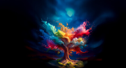 Wall Mural - a vibrant tree bursts with rainbow hues against a dark night sky, illuminated by a soft moon. colorf