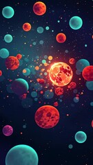 Poster - A painting of many small circles of different colors. The circles are mostly blue and red. The circles are scattered all over the painting