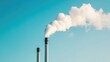 © AH - A clear sky with smokestacks emitting white steam against the backdrop of a light blue sky, symbolizing air pollution and environmental protection.