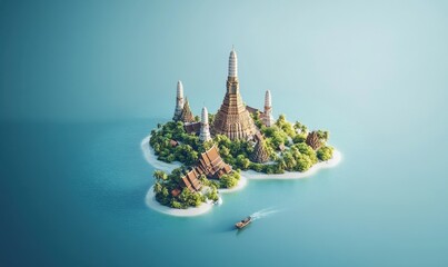 thai temple island with boat, serene turquoise waters, travel concept