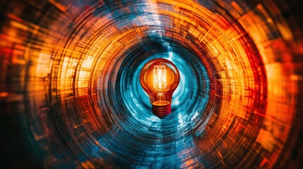 Poster - Glowing Light Bulb Surrounded by Vibrant Swirls of Color and Energy in a Conceptual Digital Space