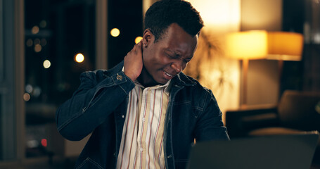 Poster - Black man, neck and pain in office at night with stress for overtime, burnout and muscle tension from bad posture. African, employee and stretches for joint injury, tired and pressure of deadline