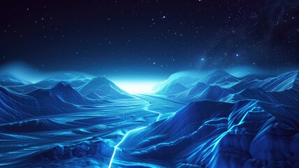 Poster - This abstract digital image captures a serene mountainous terrain under a starry night sky. The glowing blue landscape creates a tranquil atmosphere, ideal for imaginative designs.