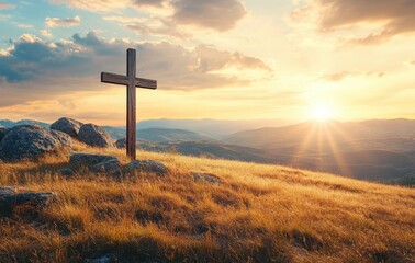 christian holy cross the symbol of death and easter resurrection of jesus christ with dramatic sunse