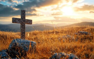 christian holy cross the symbol of death and easter resurrection of jesus christ with dramatic sunse