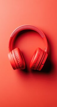 A pair of red headphones on an orange gradient background, minimalist style, high resolution, high quality