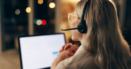 Poster - Businesswoman, telemarketing and virtual assistant with headset at call centre for customer service. Female person or employee and computer for client support and communication for technical issues