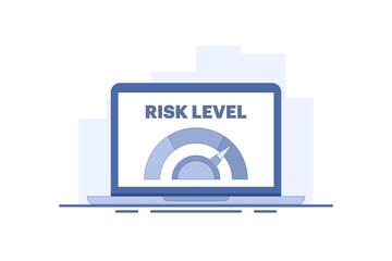 Risk Level Concept. Risk Assessment. Laptop with Risk Scale. Analyze the level of potential danger, control or limit losses. Flat Vector Illustration Design on background.