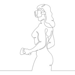 Poster - Continuous one line drawing woman in virtual reality. Girl in VR headset. High technology.
One continuous line isolated minimal illustration.Not AI.