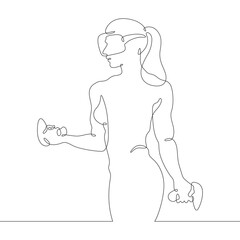 Poster - Continuous one line drawing woman in virtual reality. Girl in VR headset. High technology.
One continuous line isolated minimal illustration.Not AI.