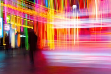 Poster - City night light trails, blurry figures, vibrant background, motion blur, advertising