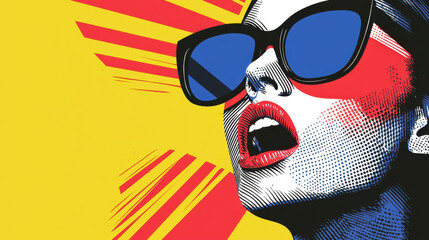Wall Mural - Colorful pop art illustration featuring woman in sunglasses with bold colors and graphic elements