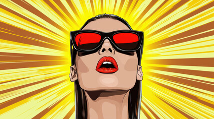 Wall Mural - Bold pop art illustration featuring woman with sunglasses and vibrant colors
