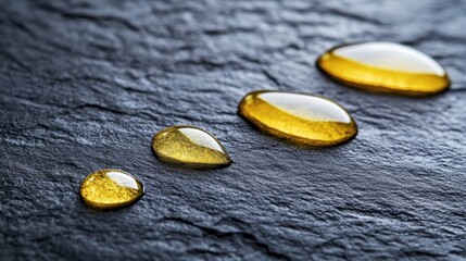 Poster - Close-up of Glossy Yellow Liquid Droplets on Textured Dark Surface, Natural Light Reflection in Macro Photography