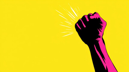 Wall Mural - vibrant pop art illustration of raised fist against bright yellow background, symbolizing strength and empowerment