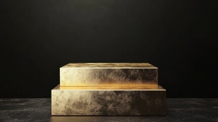 Poster - A stunning composition of two elegant gold blocks on a dark background. The shiny surfaces create beautiful reflections and textures, ideal for luxury themes.