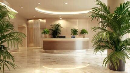 Wall Mural - A professional corporate lobby with a curved reception desk, lush indoor plants, and elegant lighting