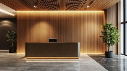 Wall Mural - A sleek and stylish business lobby featuring a wood-accented reception desk and modern interior elements