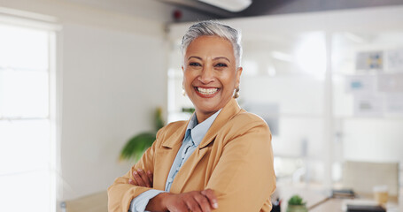 Aufkleber - Business, office and face of mature woman with company pride, confidence and smile for career. Creative startup, professional and portrait of person in workplace for human resources, job and happy