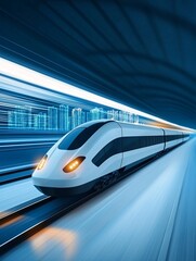 Poster - A speeding bullet train captured from a low-angle perspective, sleek modern design, blurred background emphasizing velocity, cityscape lights reflecting off its surface, futuristic transportation,