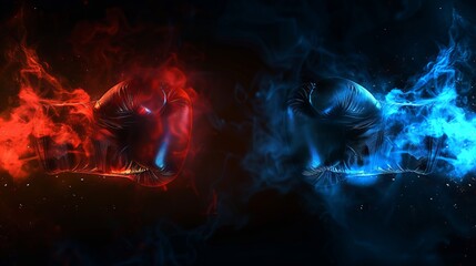 Wall Mural - dynamic blue vs red smoke on a black vector background with neon flames, dust elements, and cold vs 