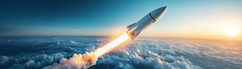 Poster - a rocket launching into the sky, flames and smoke billowing beneath, intense energy of propulsion, d