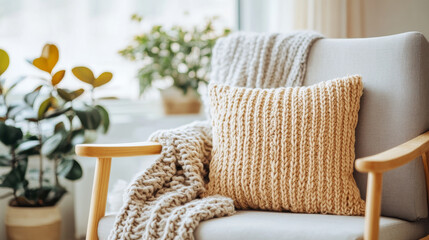 Canvas Print - Cozy armchair with knitted pillow and blanket, surrounded by indoor plants, creating warm and inviting atmosphere