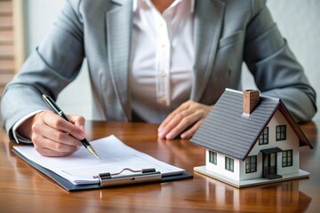 Poster - real estate agent with keys, real estate agent, real estate agent with a house, Person Reviewing Estate Contract with House Model and Calculator on Table