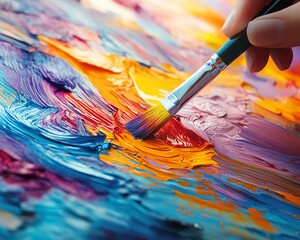 Poster - Artist s hand painting with a brush on a vibrant, colorful canvas, creating abstract art full of motion and energy, highlighting the creative process