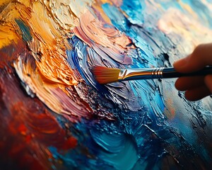Poster - Artist s hand painting with a brush on a vibrant, colorful canvas, creating abstract art full of motion and energy, highlighting the creative process