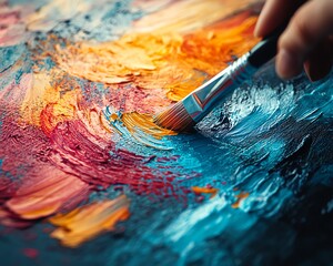 Poster - Artists hand delicately painting with a brush on a colorful canvas, creating vibrant abstract art with bold, dynamic strokes in the process of artistic expression