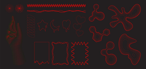 Fototapete - Abstract y2k grid shapes set isolated on black background. Vector illustration of neon red retro wave wireframe star, moon, heart, spiral, human hand signs, retro poster geometric design elements