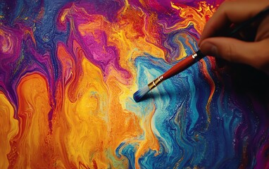 Poster - Closeup of a paintbrush in an artists hand, adding bold colors to a vibrant abstract painting, showcasing the artistic process and fluid expression on canvas