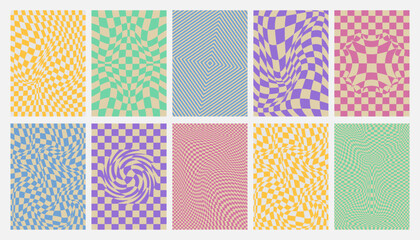 Poster - Y2k wavy checkerboard backgrounds with distorted grid patterns. Retro pastel optical illusion textures. Abstract twisted ornaments with dynamic trippy effects. Vintage groovy checker posters set.