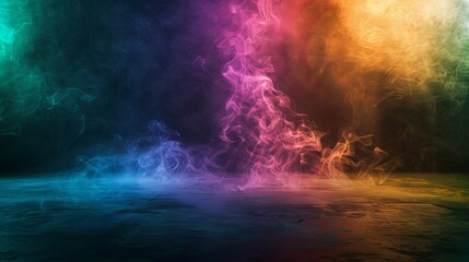 Canvas Print - vibrant swirl of multicolored smoke hovering over a dark floor with misty fog, isolated on a black b