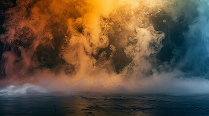 Canvas Print - vibrant swirl of multicolored smoke hovering over a dark floor with misty fog, isolated on a black b