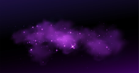 Wall Mural - sparkly purple smoke cloud or fog on dark background. magical mist with glowing particles and stars.