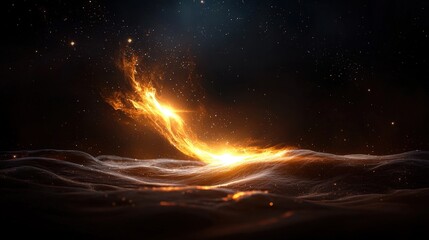 Wall Mural - Fiery light emanating from ground, dark sky, horizon, starry, mystical, abstract