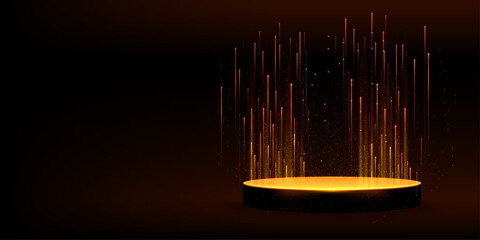 Poster - Luxury black podium with rising golden light beams and glowing particles on dark background. Elegant display platform illuminated by vertical rays and shimmering dust for premium presentation.