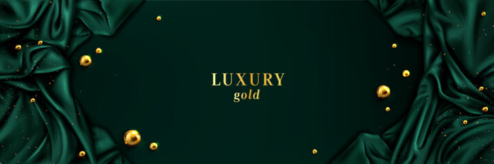 Poster - green gold luxury abstract background with silk fabric draped along edges, metallic balls and golden