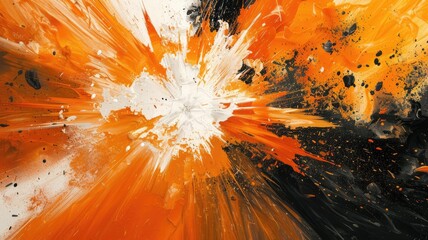 Poster - Abstract explosion with black, white, and orange colors. Digital artwork of explosion with black and orange smoke. Intense and dynamic splatter effect. Background for wallpaper, banner. AIG53.