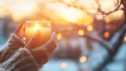 Poster - Gentle sunset glow illuminating a cozy candle in tranquil winter setting : Generative AI