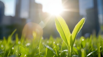 Poster - Sunlight Shining Through Fresh Green Grass and Young Plant in Urban Environment : Generative AI