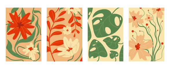 Poster - Botanical doodle floral wall art collection with trendy monstera leaves and flowers. Set of boho style vector illustrations. Minimalist retro design posters for interior printing and decoration.