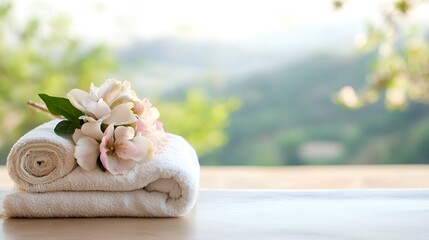 Aufkleber - Spa Essentials with Fresh Flowers and Soft Towels for a Relaxing Experience : Generative AI