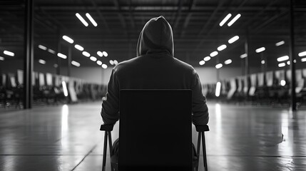 Poster - Silhouette of a person wearing a hoodie sitting alone in an empty warehouse space : Generative AI
